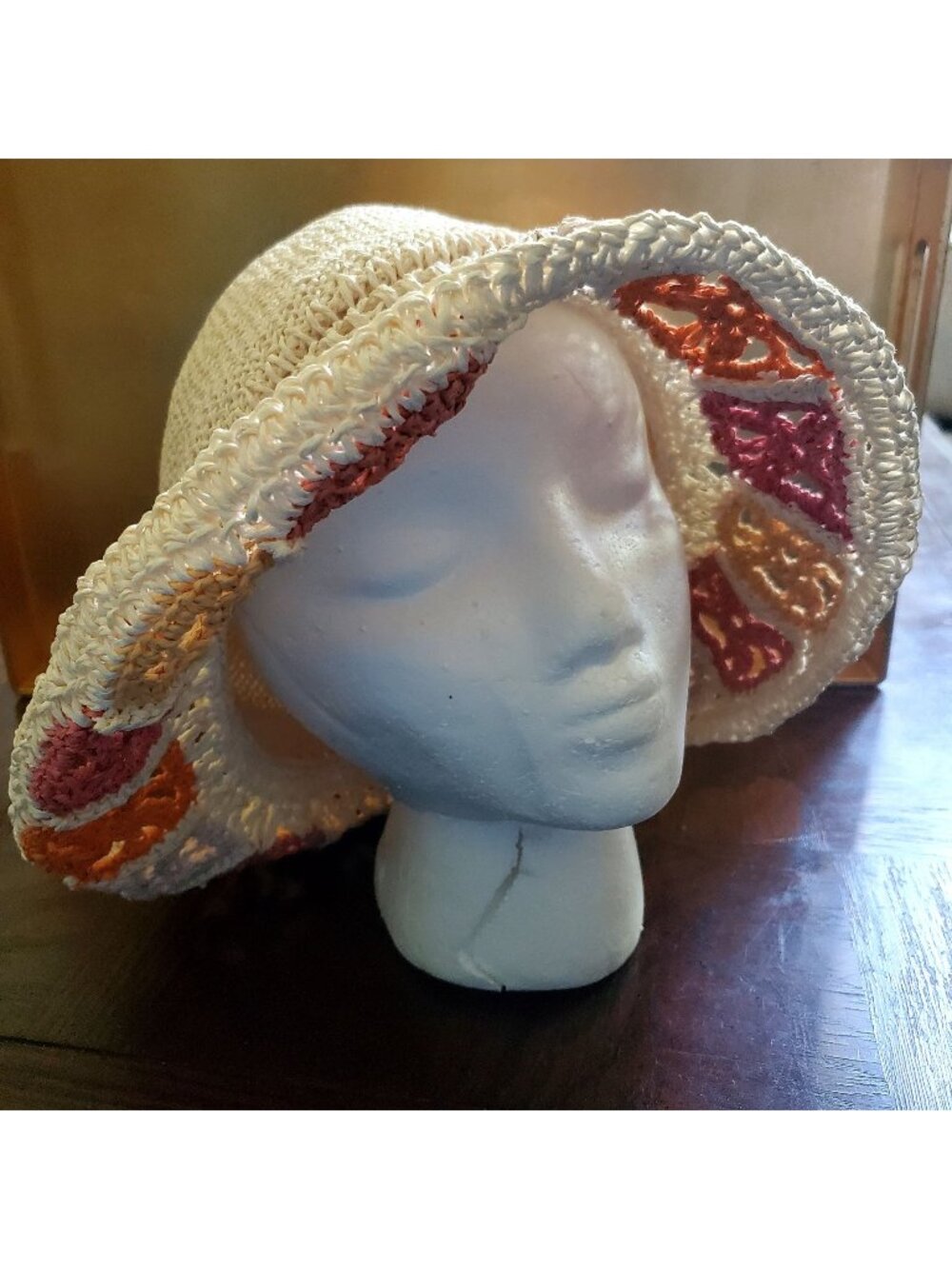 Handmade Hat Openwork Crochet Straw Granny Cottage Boho Country Floral Brim